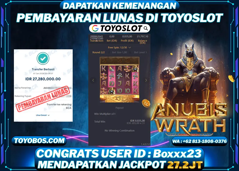 TOYOSLOT - BUKTI KEMENANGAN JACKPOT Anubish Wrath Rp27,280,000,- LUNAS
